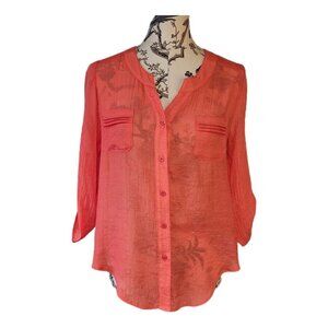 IN Studio Petite Women's Size P/S Solid Coral Button Up Top Blouse Front Pockets